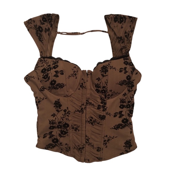 Tops - Y2K Chocolate Brown Corset Bustier Top with Black Floral Embroidery Size M